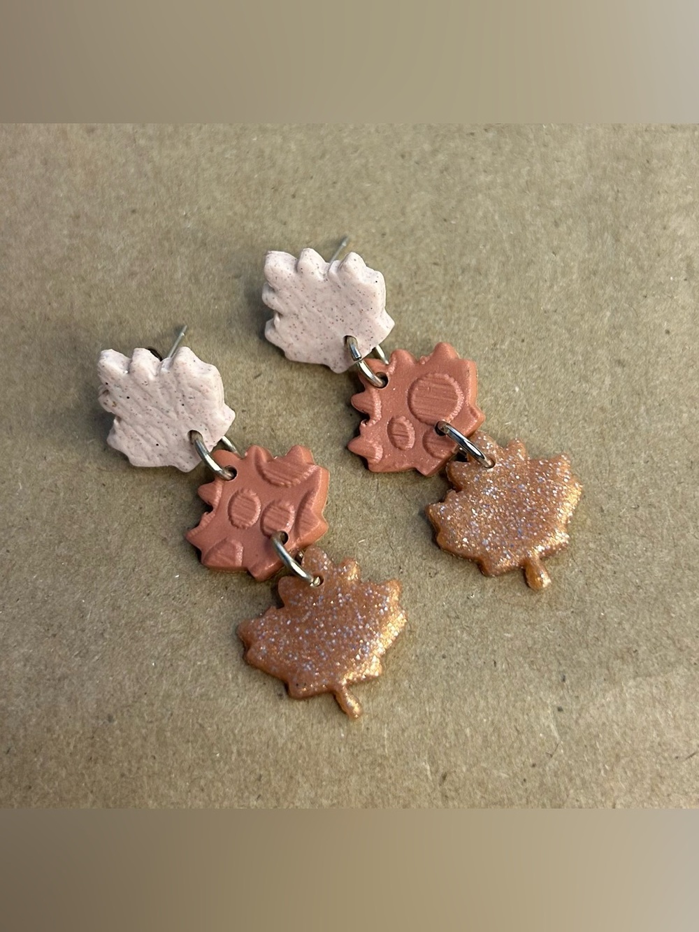 Autumn Maple Leaf Design Multi-Color Nude 3-Tier Dangle Earrings